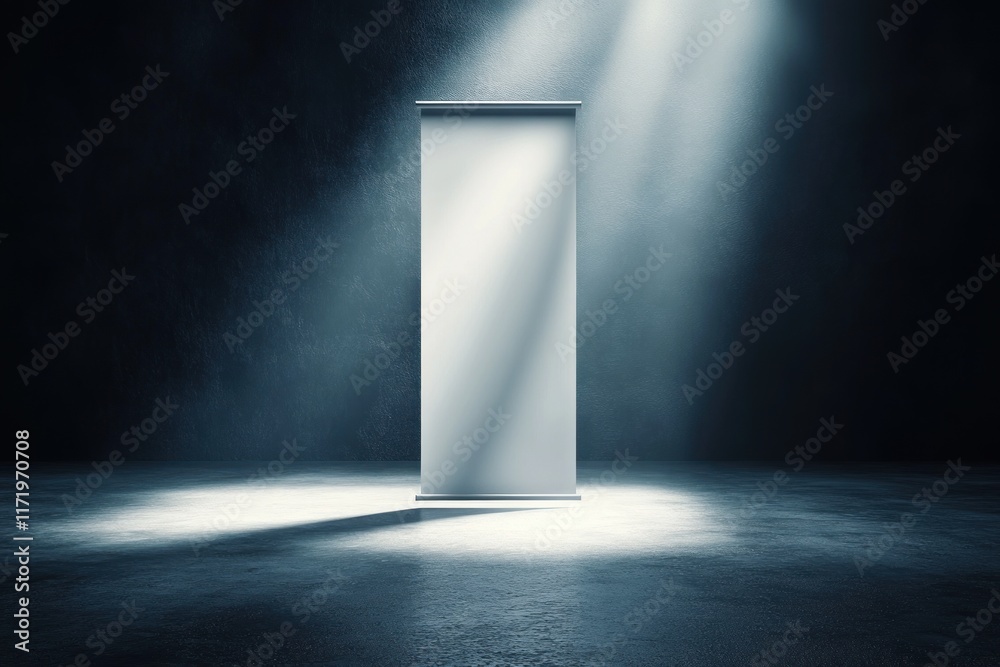 Poster minimalist blank roll-up banner with dramatic spotlight in studio setting