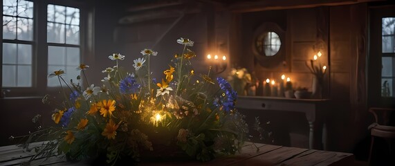 Obraz premium Delicate arrangements of wildflowers used in rustic interior decor