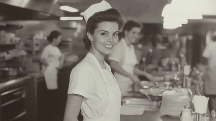Obraz premium A vintage diner scene featuring a smiling waitress in a classic uniform.