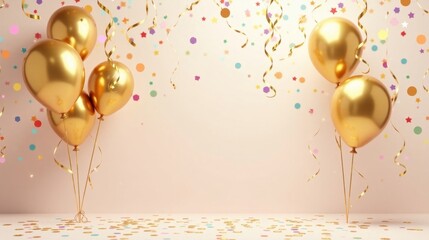 Celebration Scene with Shiny Golden Balloons and Confetti on a Light Pink Background
