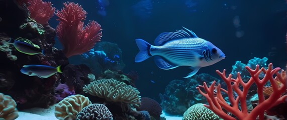 Detailed shot of fish swimming among coral in a vibrant aquarium