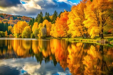 Golden leaves mirror in the still autumn lake, a scenic landscape of vibrant fall colors.