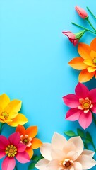 Obraz premium top view of colorful paper cut flowers with green leaves on blue background with copy space, wallpaper 