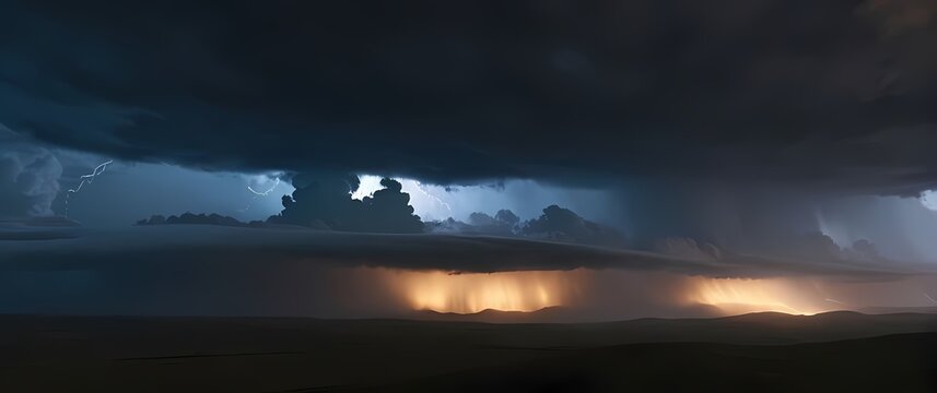 Dramatic storm clouds rolling over a vast landscape during dusk