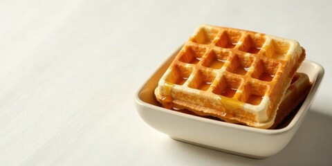 Golden waffles with sweet syrup in a bowl on a white surface