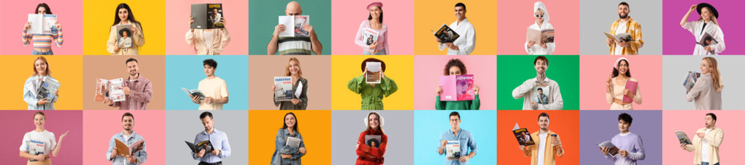 Collage of different people with magazines on color background