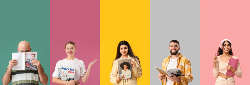 Set of different people with magazines on color background