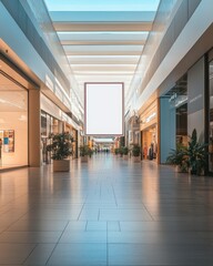 Obraz premium Blank Advertisement Sign In Modern Shopping Mall Corridor