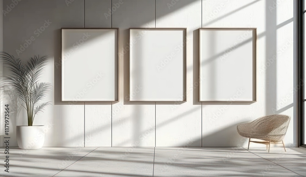 Poster Three Empty Frames on a Minimalist Gallery Wall with Natural Sunlight