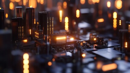 A close-up view of a futuristic cityscape with glowing lights on a circuit board.