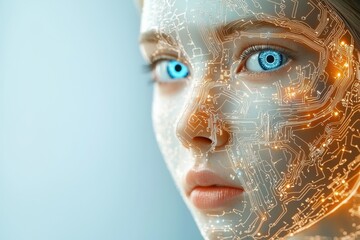 A detailed 3D rendering of a robotic woman cyborg face with glowing blue eyes, metallic skin, and intricate circuit patterns, representing the concept of artificial intelligence.