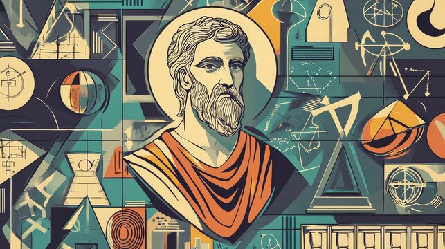 Historical Figure with Geometric and Scientific Elements in Background