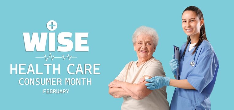 Banner for Wise Health Care Consumer Month with diabetic senior woman and doctor