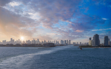 USA, scenic Miami harbor panoramic skyline close to Miami port and Biscayne bay.