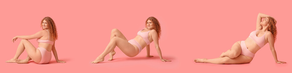 Set of young body positive woman on pink background