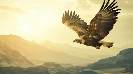 Obraz premium A majestic eagle soaring over a mountainous landscape at sunset.