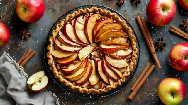 A freshly baked apple pie with cinnamon and star anise