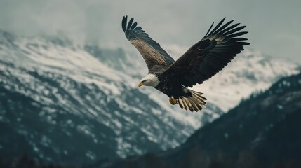 A majestic eagle soaring over snow-capped mountains, showcasing nature's beauty and power.