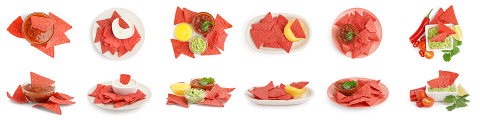 Set of tasty red nachos on white background
