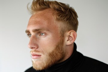 Obraz premium Portrait of a thoughtful young man indoor studio photography neutral background side view male reflection