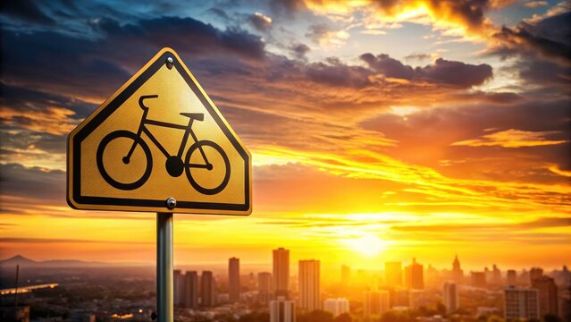 Sunset paints the city as a cyclist speeds by, a captivating transportation image on a road sign.