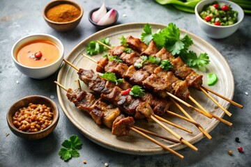 Grilled satay skewers, glistening with peanut sauce, dominate a minimalist close-up.