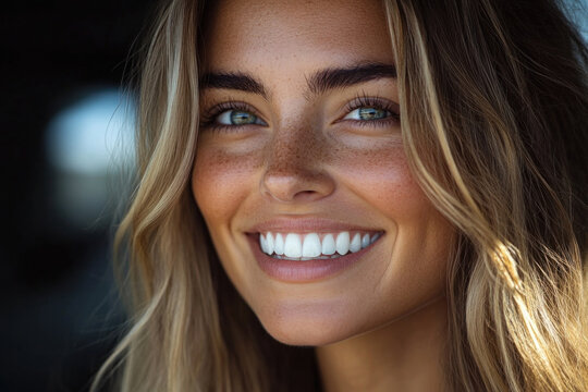 Woman with frc teeth smiling brightly in a garden amid colorful flowers.