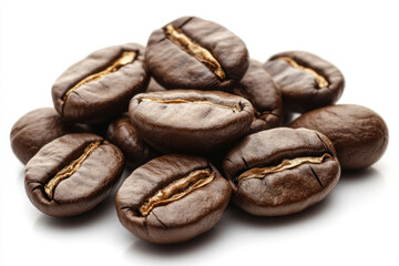 Obraz premium Coffee beans spread across a white background.
