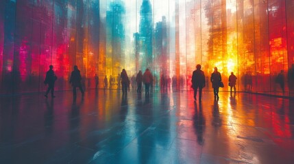 Rainbow colors in office space with motion blur of walking people in a vibrant urban interior showcasing diversity and inclusion