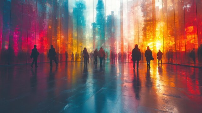 Rainbow colors in office space with motion blur of walking people in a vibrant urban interior showcasing diversity and inclusion