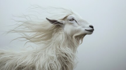 Obraz premium A majestic white goat with flowing fur, set against a soft, muted background.