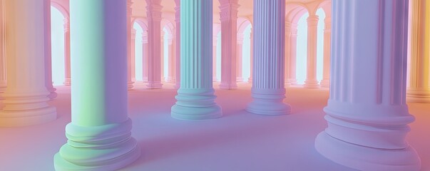 Fototapeta premium A serene, pastel-colored architectural space with classical columns and soft lighting.
