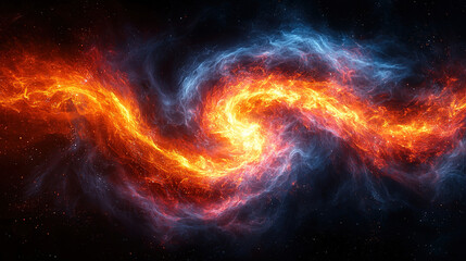 Abstract swirling energy spiral in vibrant orange, red, and yellow, set against a dark background, symbolizing powerful motion, vitality, and dynamic transformation
