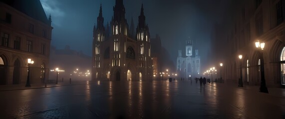 Naklejka premium Gothic architecture towering over town squares illuminated at night