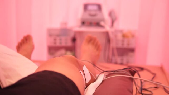 Athlete Undergoing Electrical Stimulation Therapy for Knee Injury at a Physical Therapy Clinic