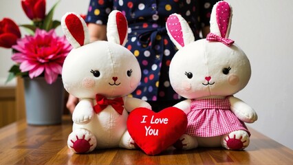 Fototapeta premium Toy rabbits and heart shaped pillow with 
