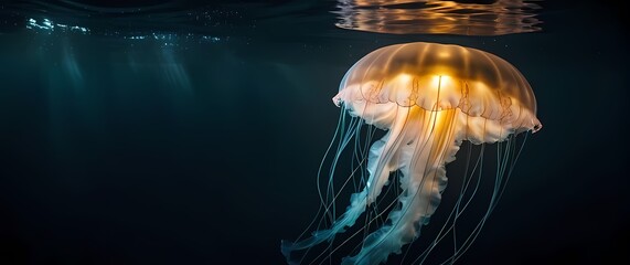 Illuminated jellyfish gracefully floating in dark waters creating a mesmerizing view