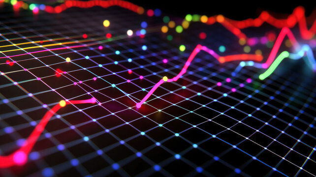 A digital scatter plot chart with animated dots moving fluidly across the grid, leaving colorful trails behind them, creating a dynamic and interactive visual.