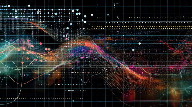 A digital scatter plot chart with animated dots moving fluidly across the grid, leaving colorful trails behind them, creating a dynamic and interactive visual.
