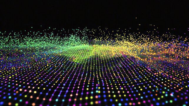 A digital scatter plot chart with animated dots moving fluidly across the grid, leaving colorful trails behind them, creating a dynamic and interactive visual.
