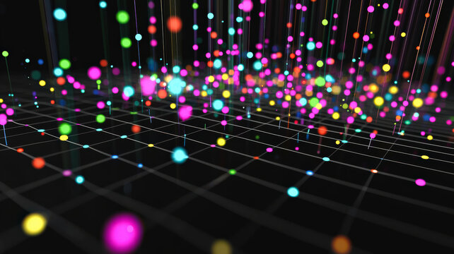 A digital scatter plot chart with animated dots moving fluidly across the grid, leaving colorful trails behind them, creating a dynamic and interactive visual.