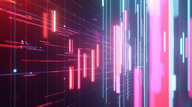 A digital smartboard displaying 3D bar charts and scatter plots with floating data points, designed for a sleek, modern business presentation.