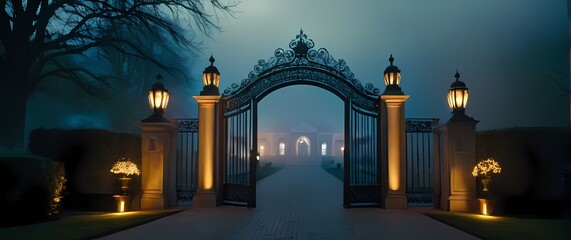 Intricately crafted gates leading into sprawling estates evoking curiosity