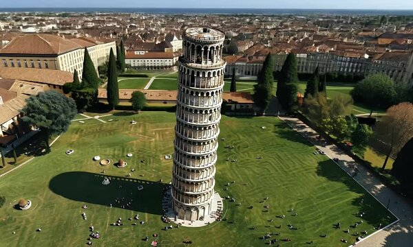 Aerial view of the Leaning Tower of Pisa surrounded by green grass and visitors enjoying the space.