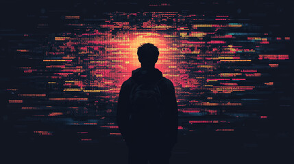 A silhouette of a person against a vibrant, abstract digital background.