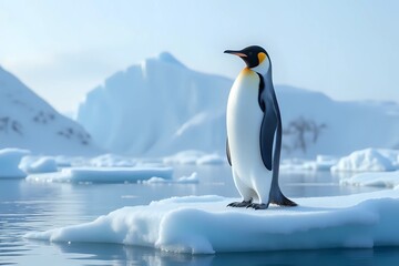 Fototapeta premium A majestic Emperor penguin stands gracefully on an ice floe in Antarctica, surrounded by stunning icy landscapes with copy space for text