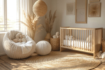 A baby's room with a crib and toys scattered on the floor, sunlight streaming through the window.