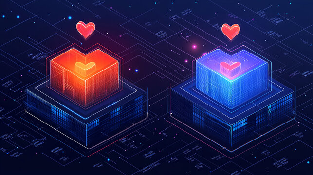 Digital illustration of two glowing cubes with hearts, symbolizing connection and data. - Powered by Adobe
