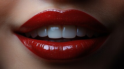 Obraz premium Close-up of shiny red lips with gloss detail
