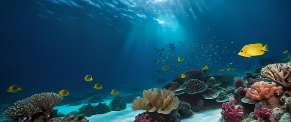 Lively capture of tropical fish swimming among coral reefs in clear waters